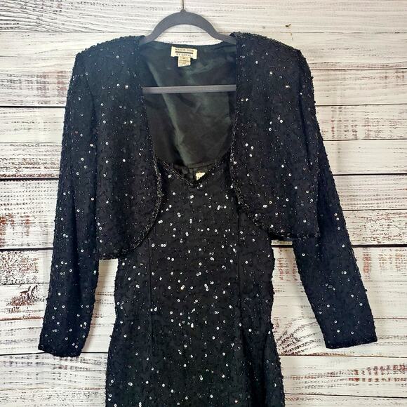 Vintage Formal Silk Black Sequin Beaded Dress Glam Event Gown Bolero Jacket Sz M - Picture 9 of 16
